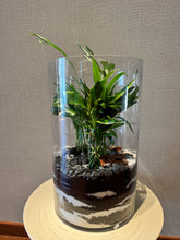Charger l'image dans la galerie, Terrarium cylindre XL avec strates de sable et galets posé sur une sellette en marbre dans un salon de villa moderne